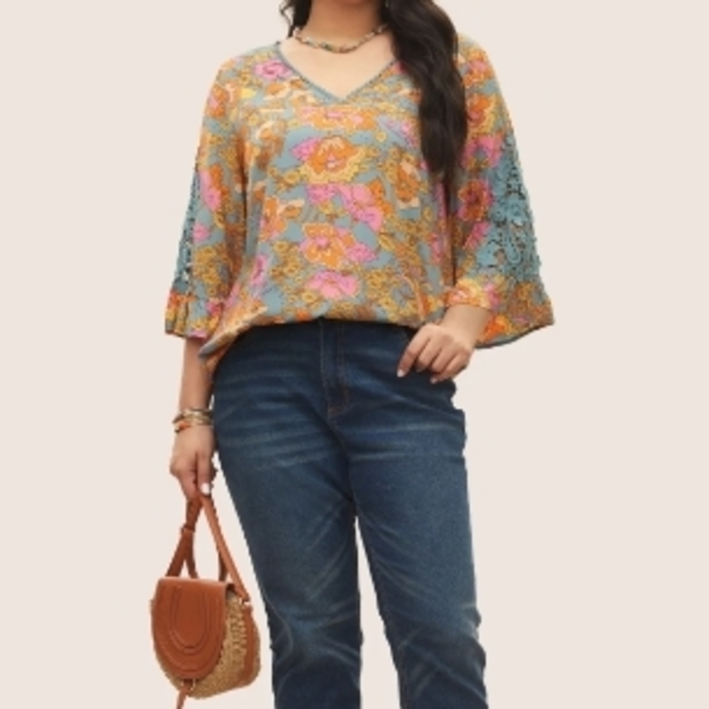 BloomChic Boho Print Guipure Lace Ruffles Blouse